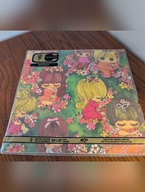 Vintage kitsch Big Eyes Illustrated Girls Floral 60s Gift Wrap Paper Sealed Rare